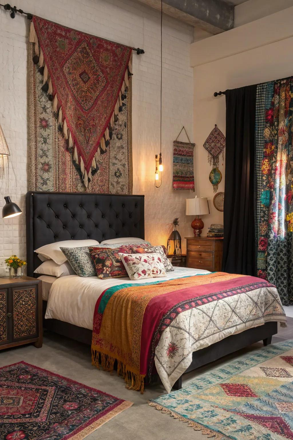 Eclectic bedroom featuring a bohemian touch and dark headboard