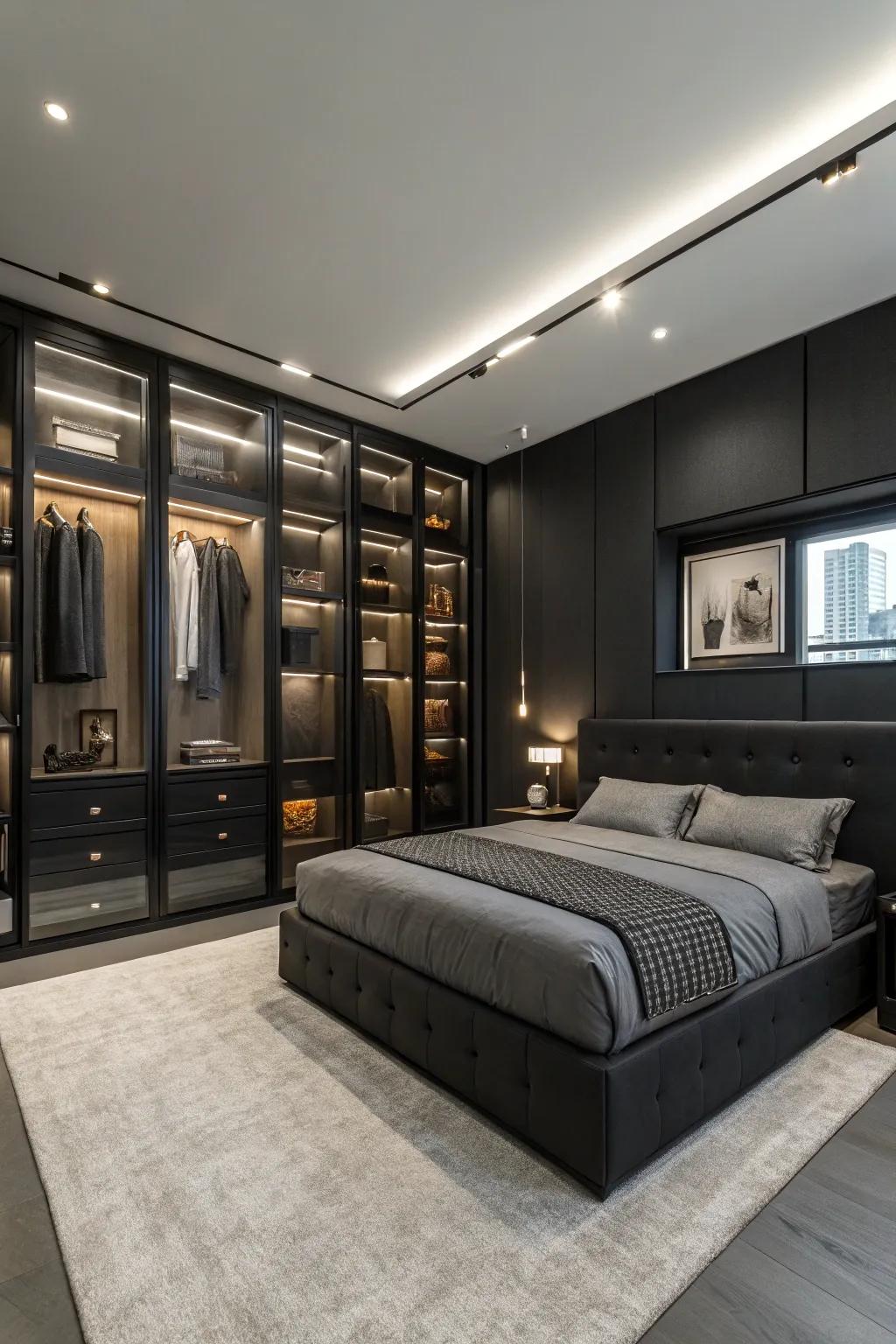 Built-in storage retains your obsidian bedroom streamlined and uncluttered.