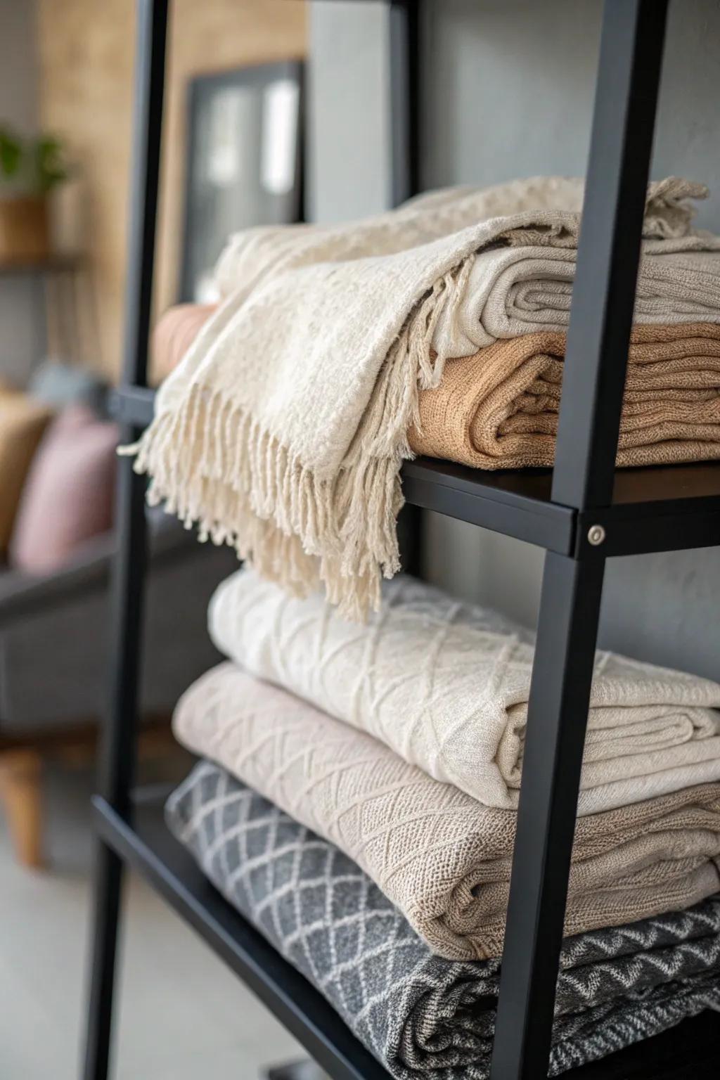 Textiles incorporating a snug, gentle touch to a dark shelf.