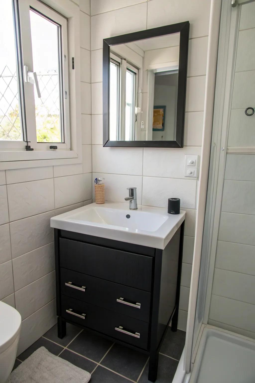 A compact dark sink console is the perfect solution for small bathrooms, offering style and efficiency.