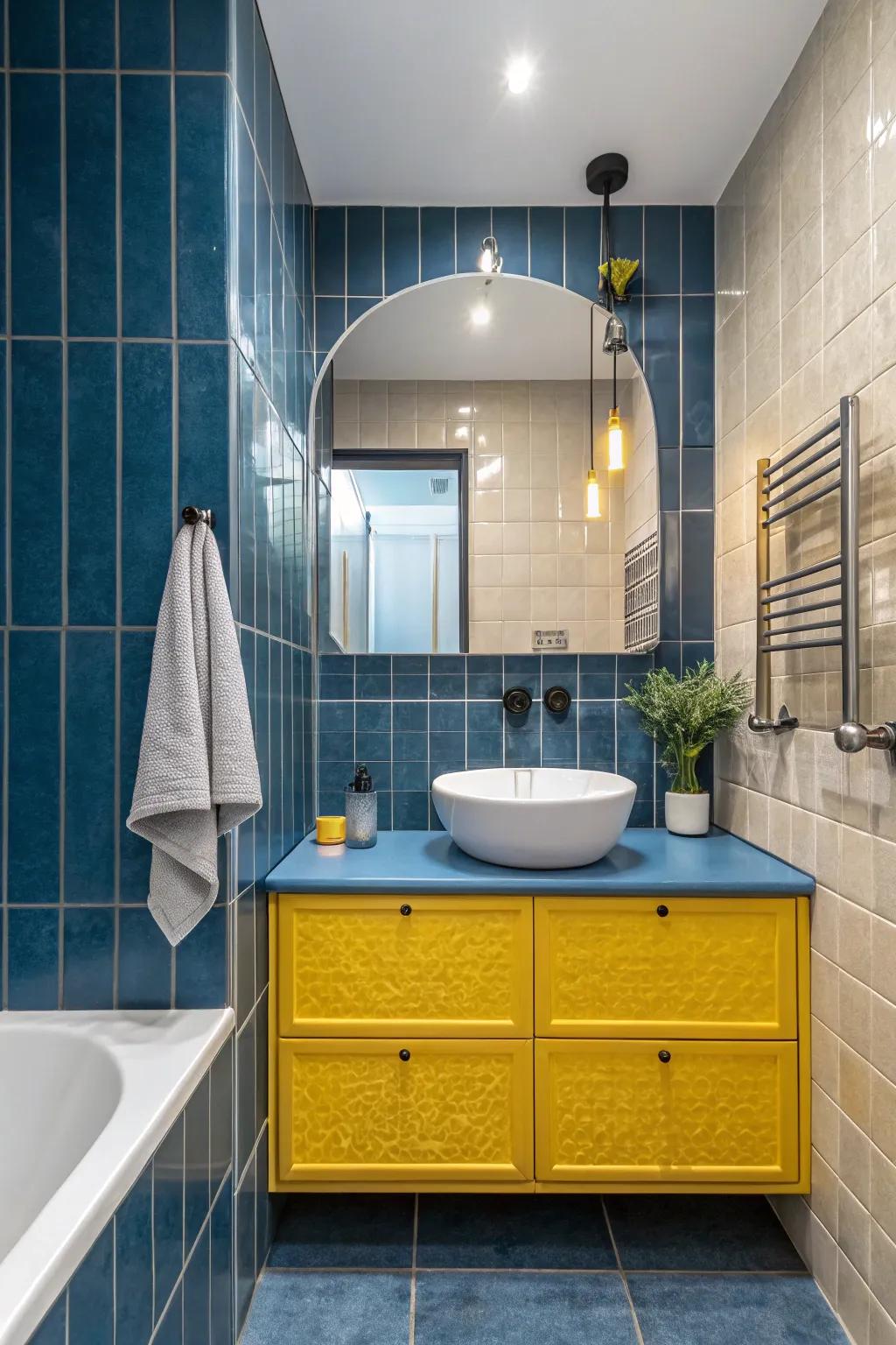 An eclectic mix of textures adds depth to the bathroom's design.
