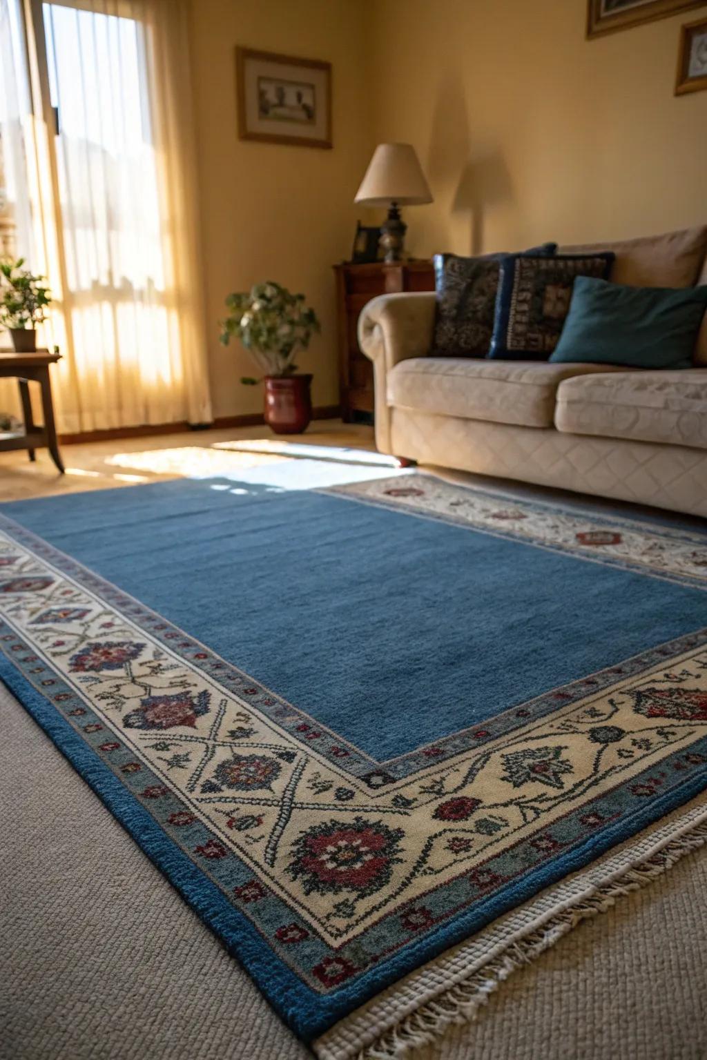 Stratifying rugs appends depth and vogue to a living room with a blue carpet.