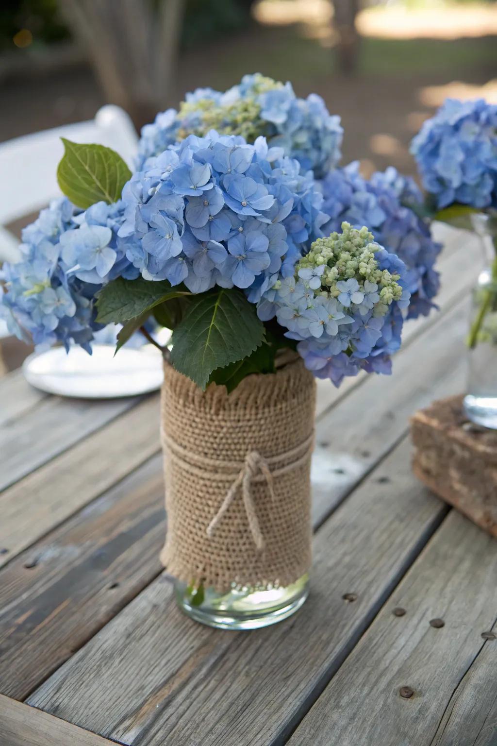 Vases wrapped in burlap showcase rustic elegance with azure hydrangeas.