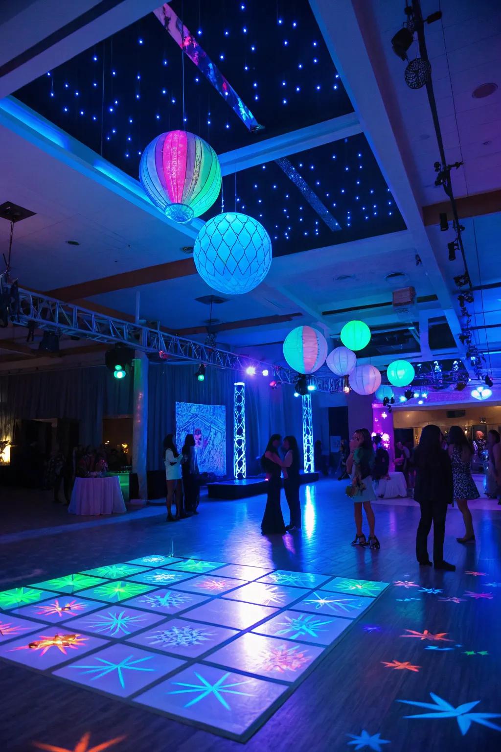 A shining party arrangement featuring vibrant azure neon illuminations.