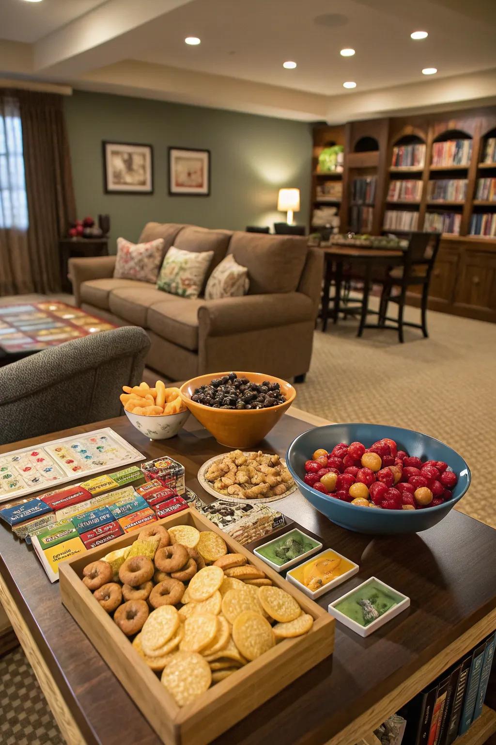 A snack station keeps everyone fueled and ready for game night.