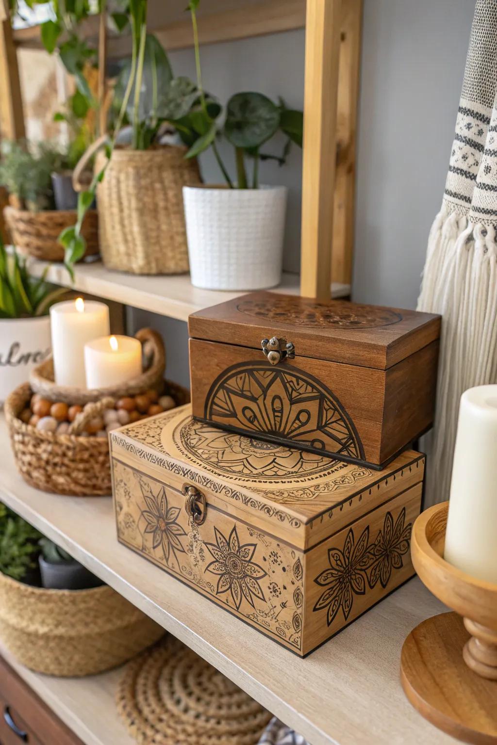 Mehndi-inspired boxes append elegance and organization.