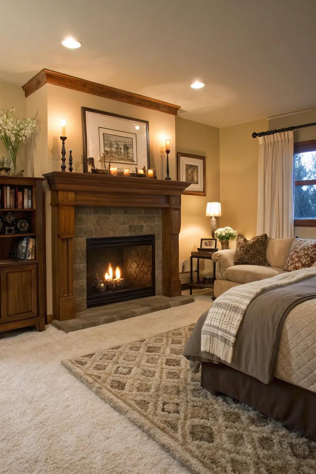 A fireplace adds warmth and a cozy focal point.