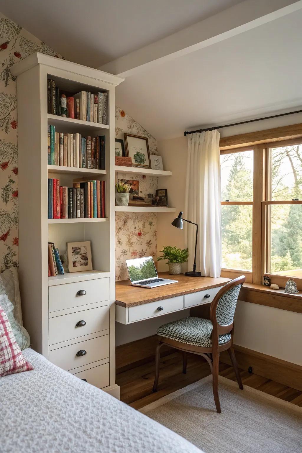 A compact solution with a integrated desk and bookcase combo.