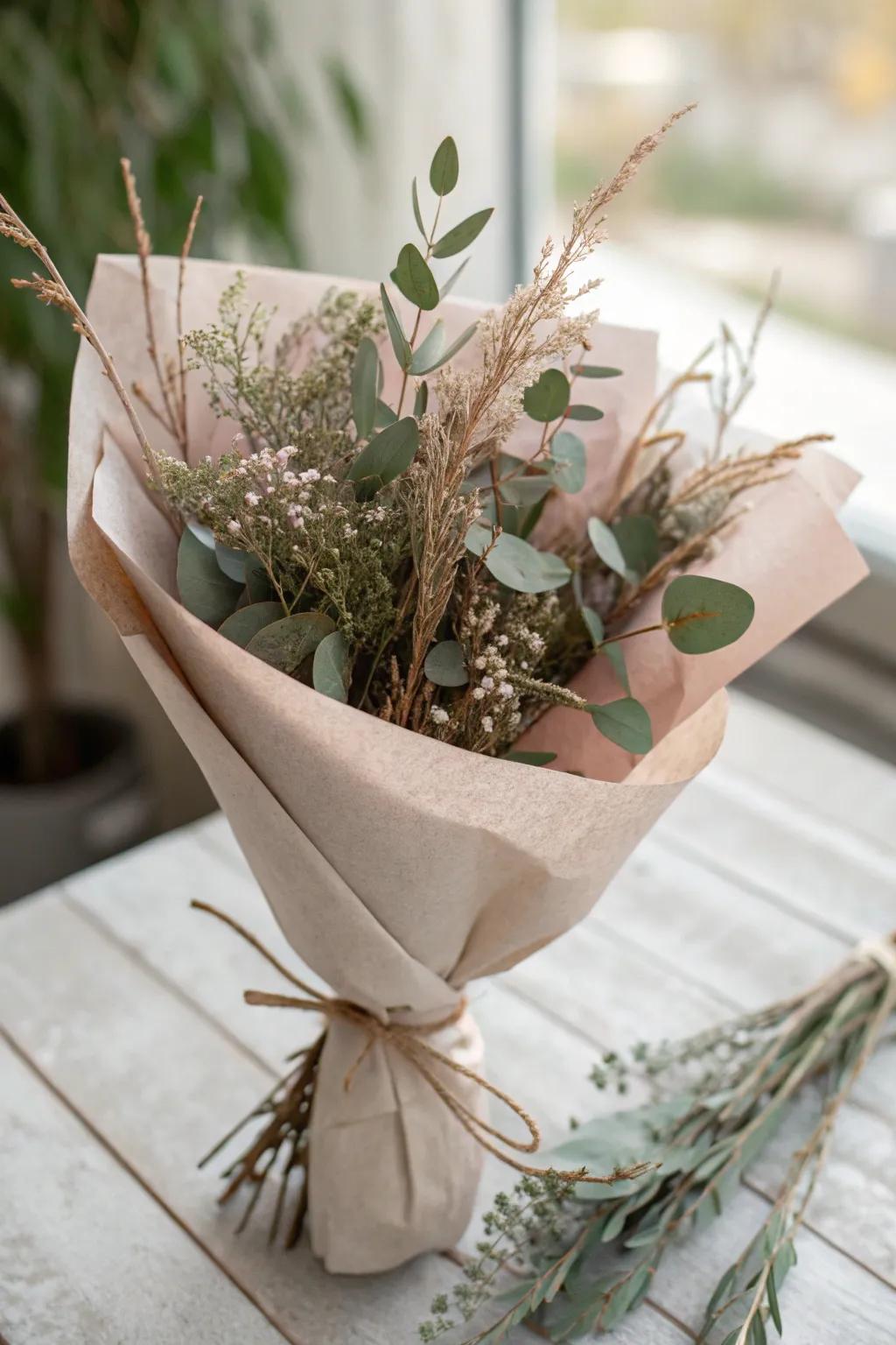 Embrace nature's simplicity with this gracefully wrapped bouquet, where brushwood and foliage contribute a touch of earthy charm.