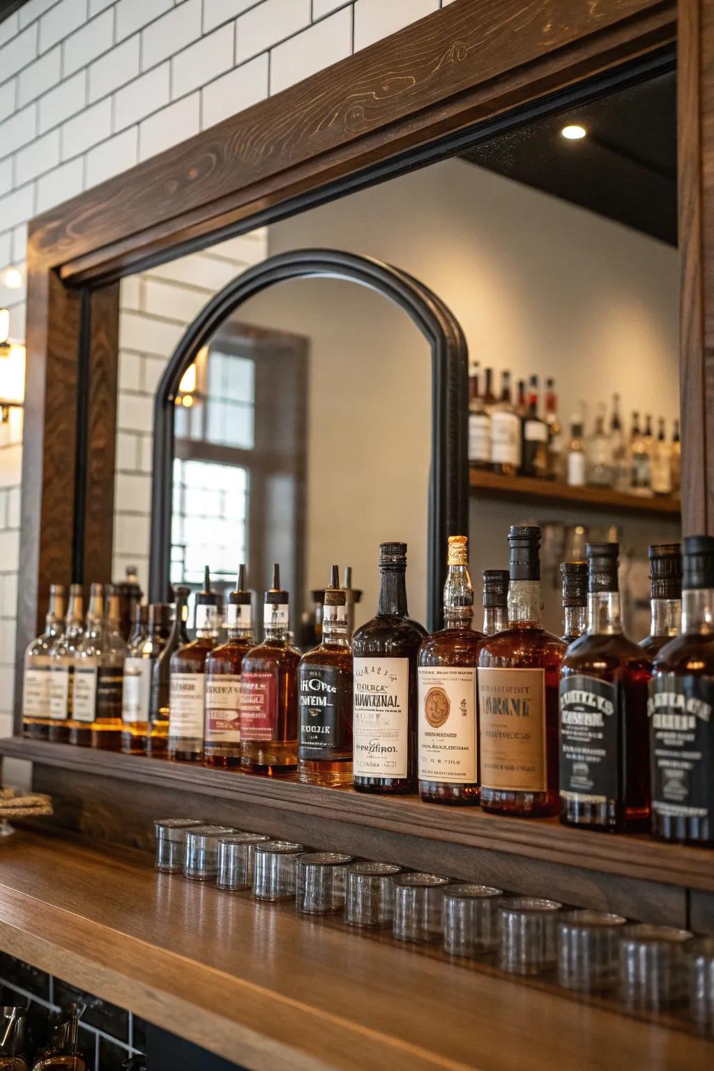 A wall-mirror backdrop adds depth to your bourbon display.
