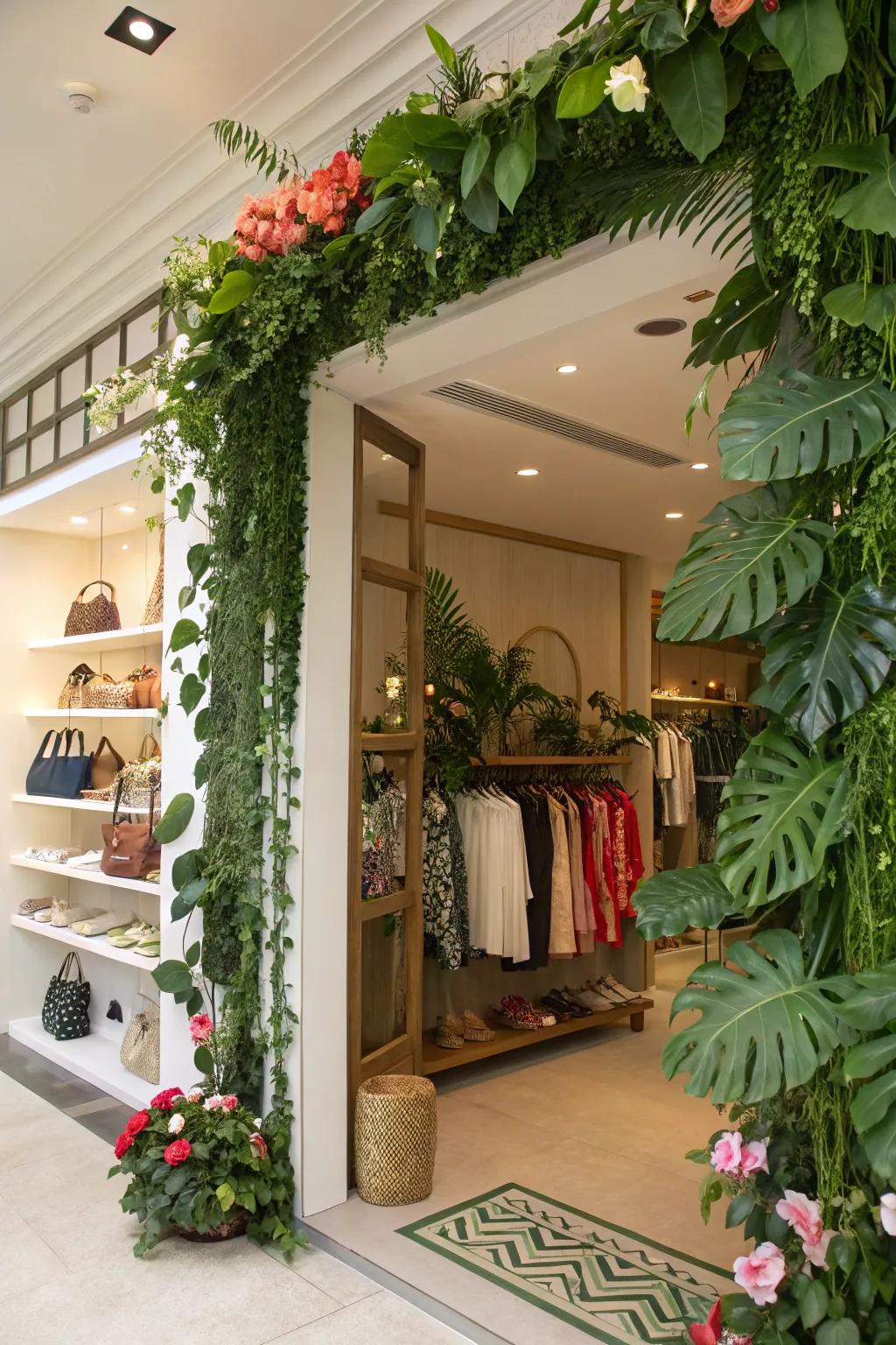 A sign adorned with greenery that breathes life into the boutique's exterior.