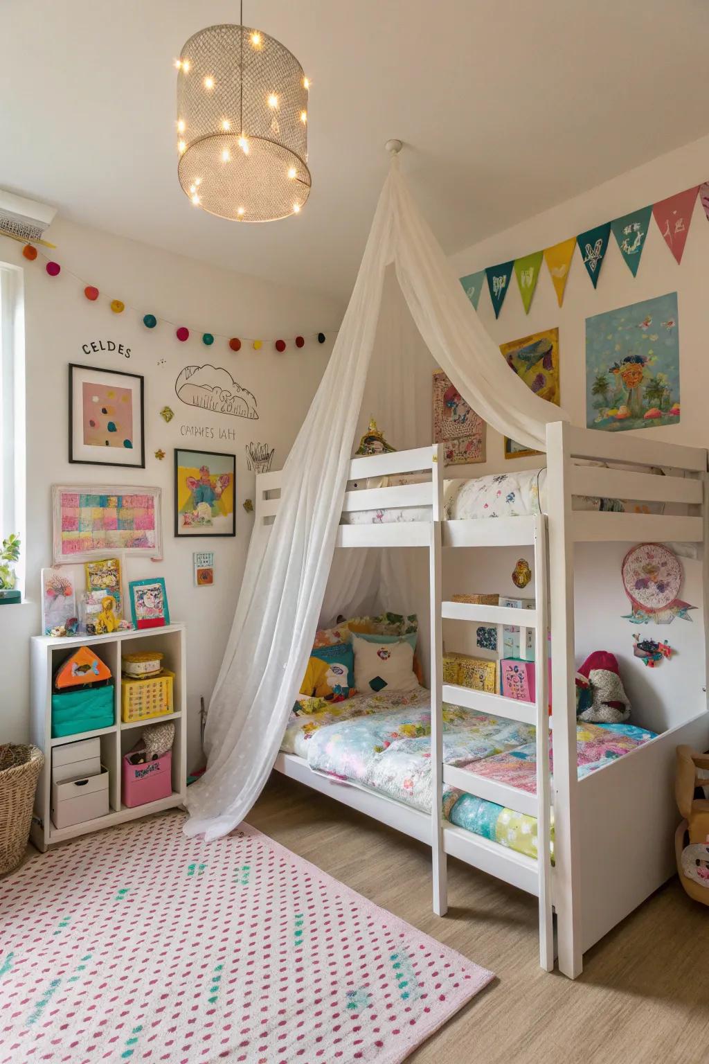 A ceiling awning adds a dreamy touch to the shared area.
