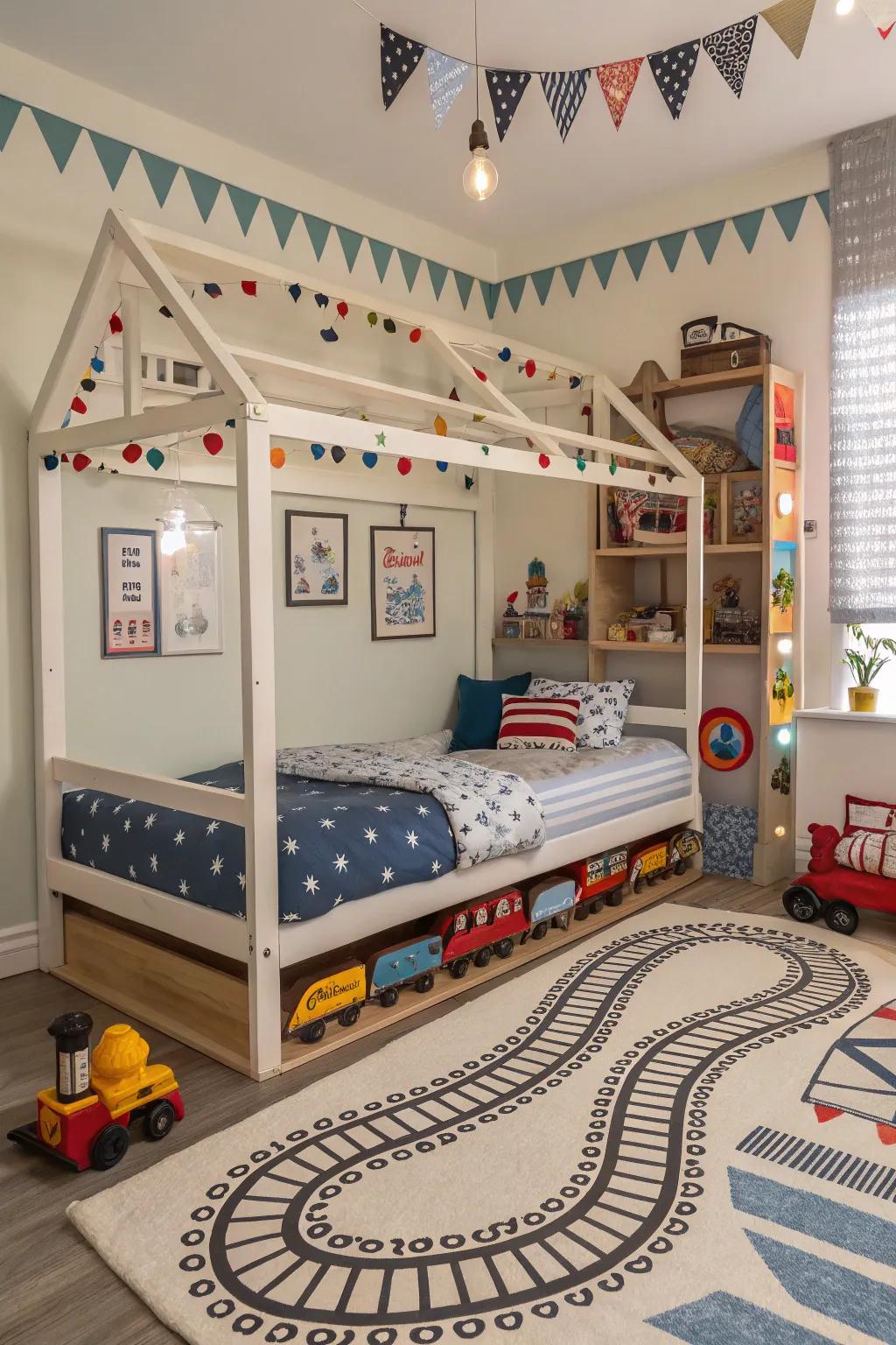 All aboard for reveries through this train line-themed four-poster bed.