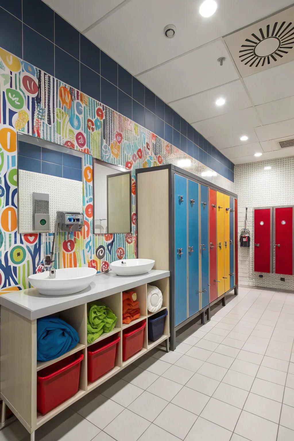 Inventive storage implementations uphold organization within a boys' bathroom.