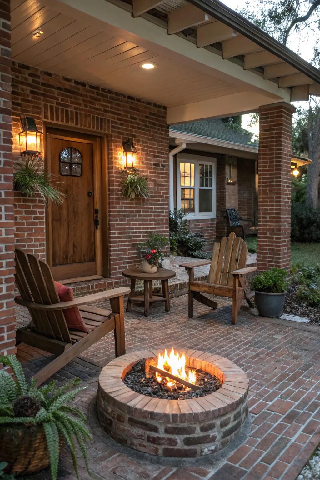 A fire feature adds warmth and becomes a gathering spot on this charming porch.