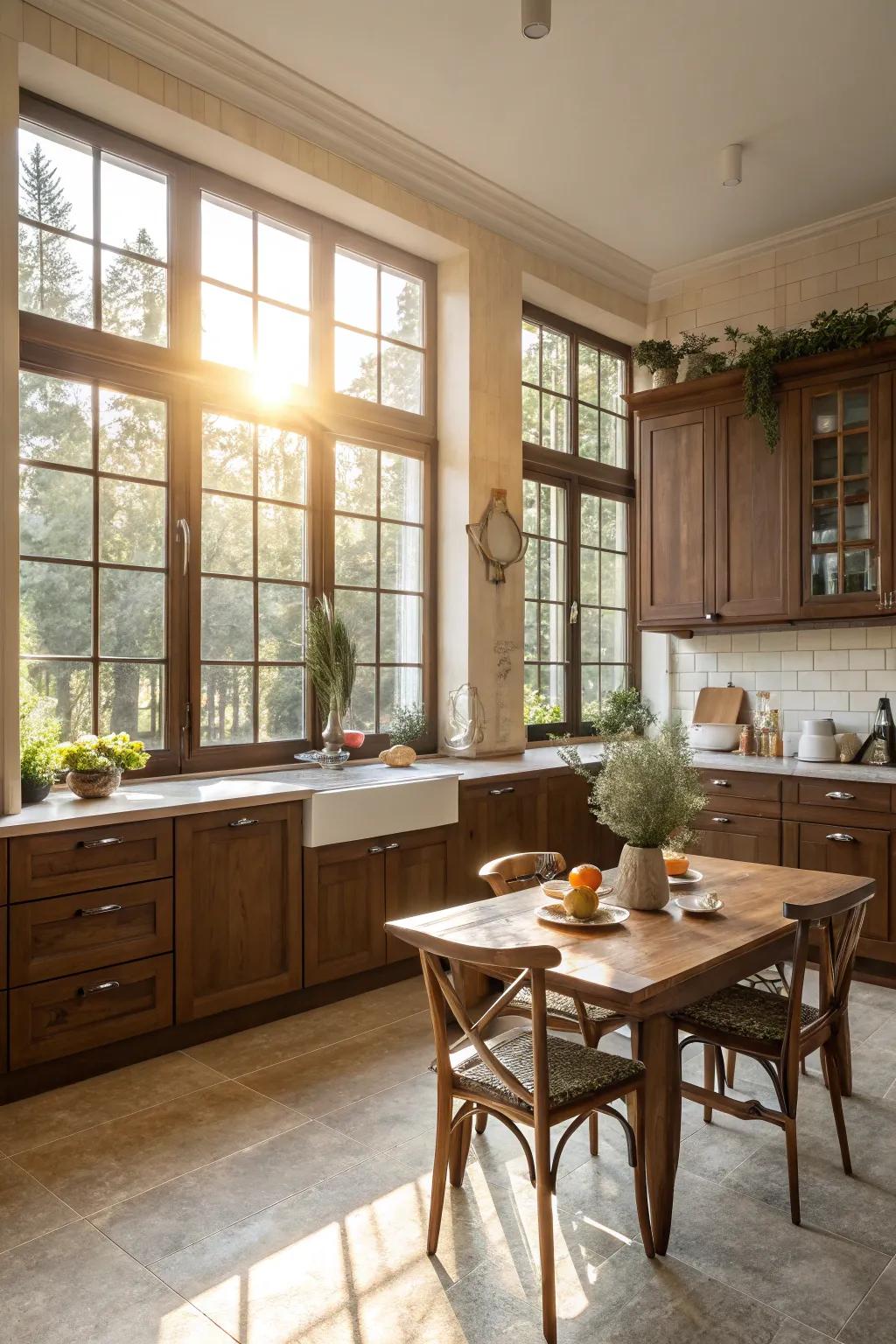Sunlight enhances timber shades in the kitchen.