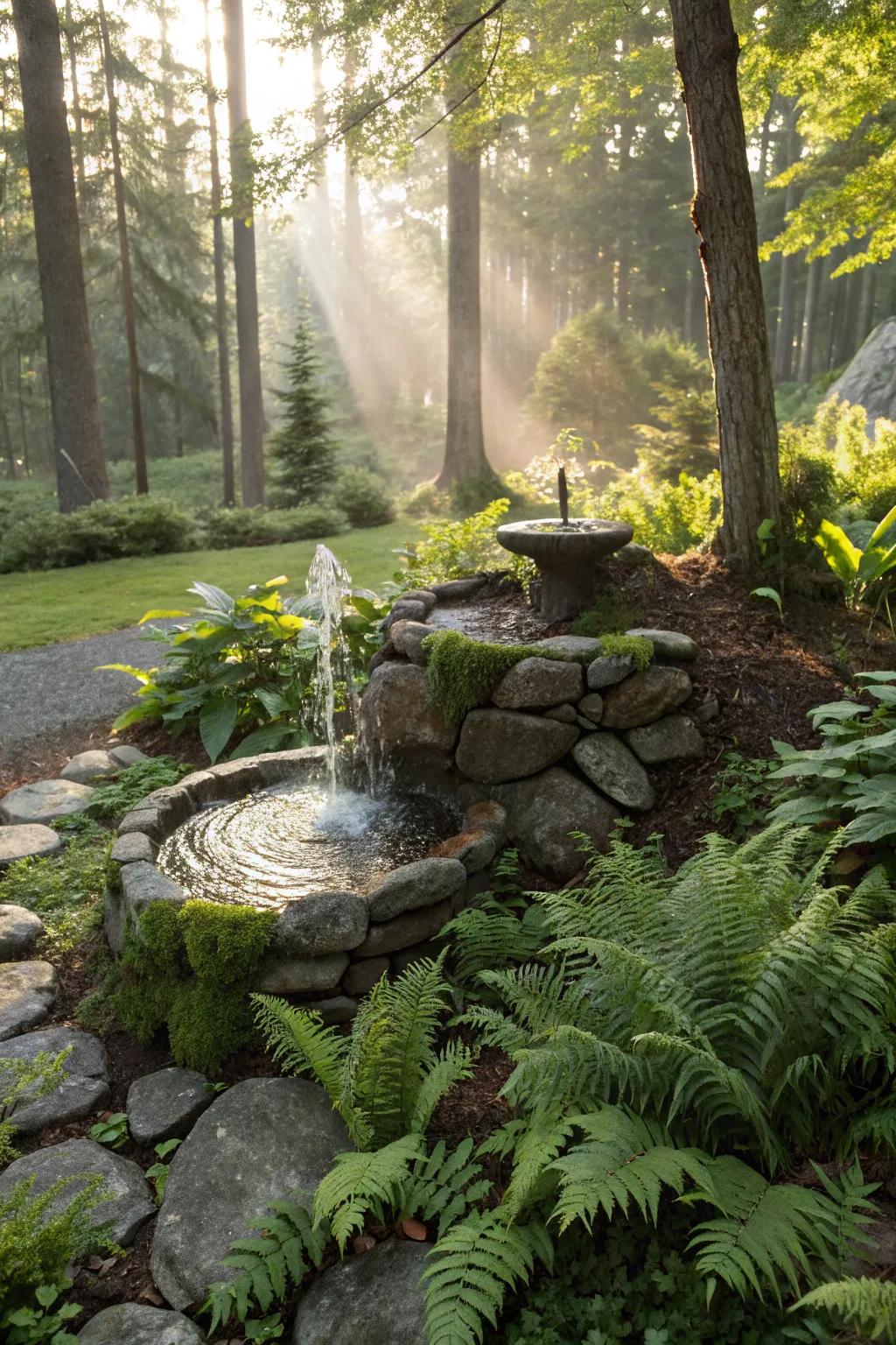 A whimsical woodland fountain integrates effortlessly with nature.