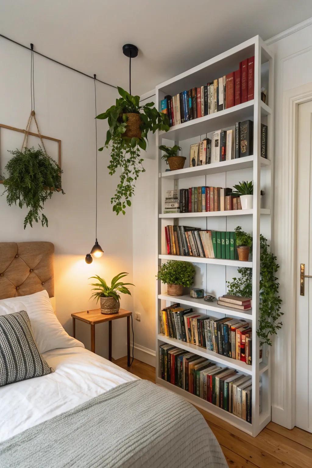 Wall shelving maximizes space and adds decorative interest.