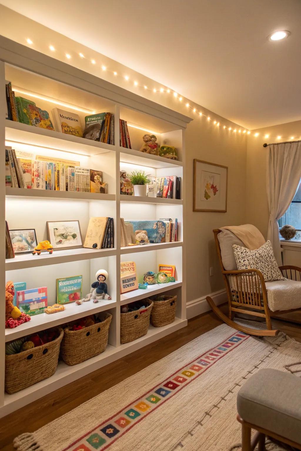 Built-in bookshelves add a playful touch to a baby room.