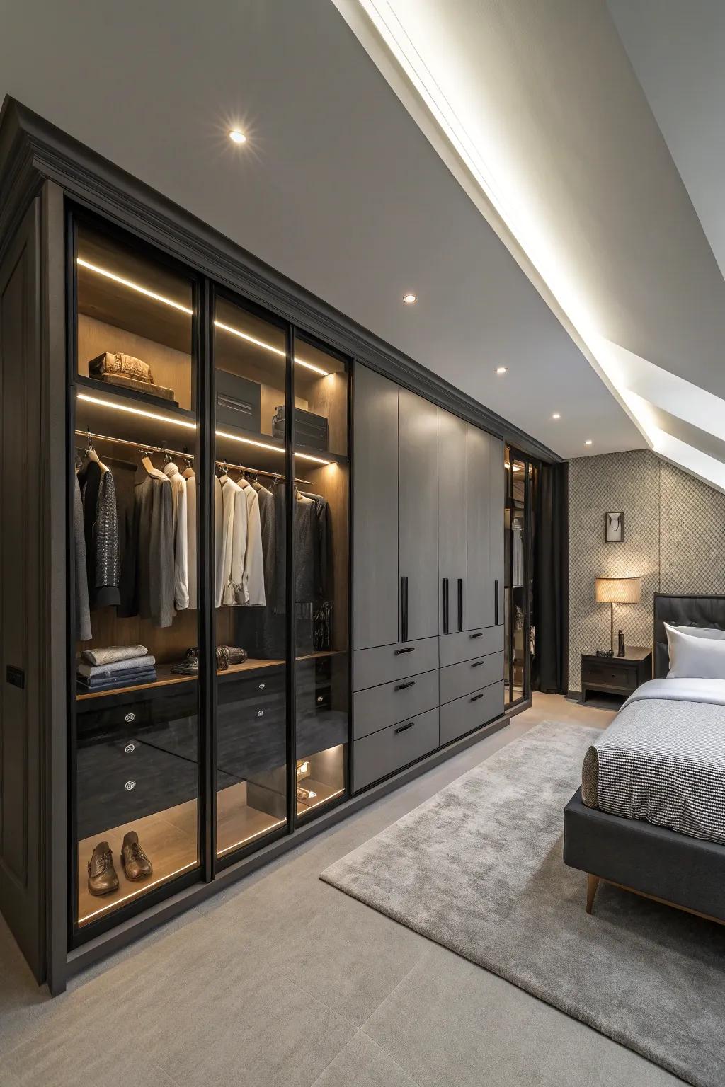 A ceiling-altitude wardrobe manifesting a dramatic declaration while amplifying storage.
