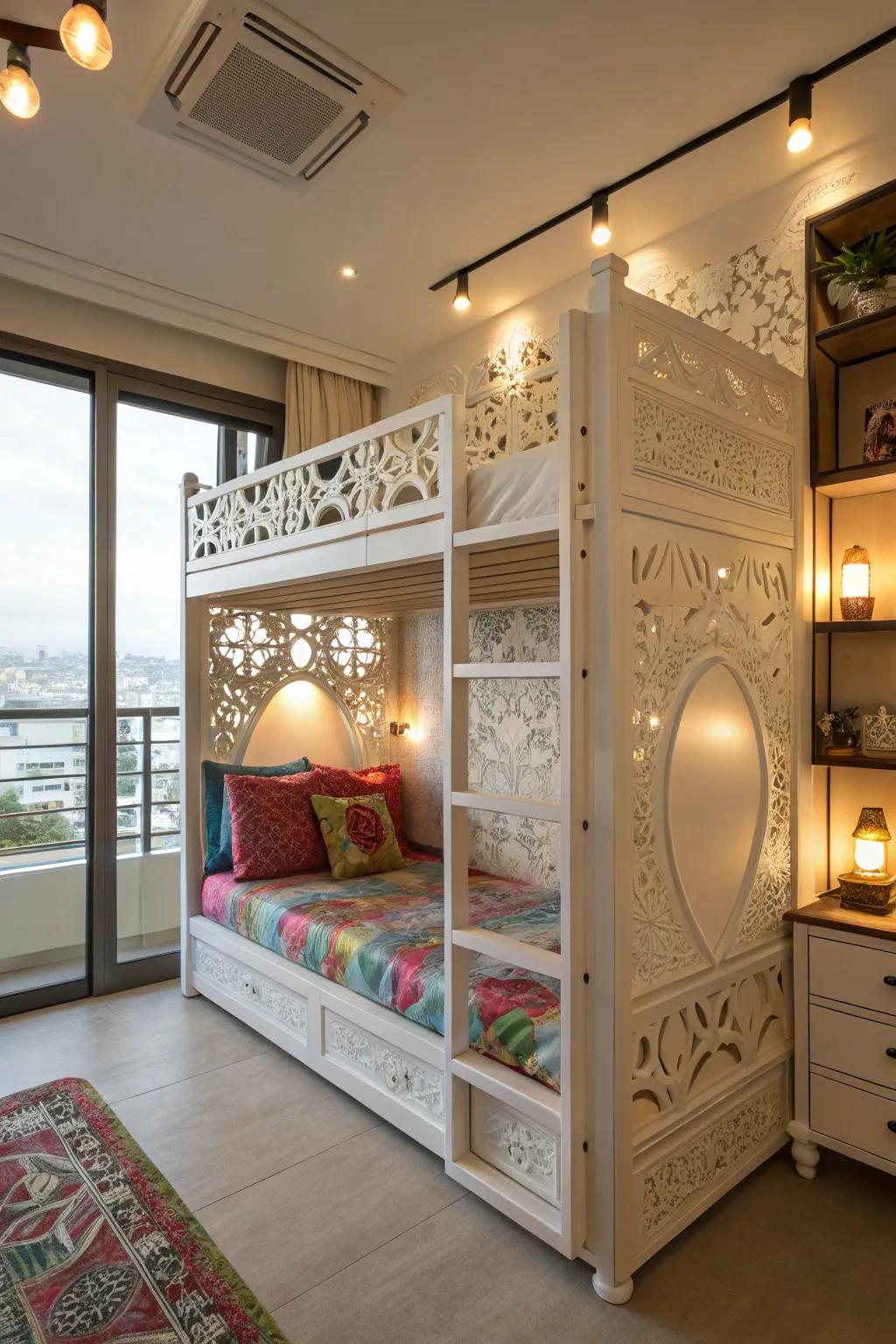 Beams draw attention to eye-catching features.