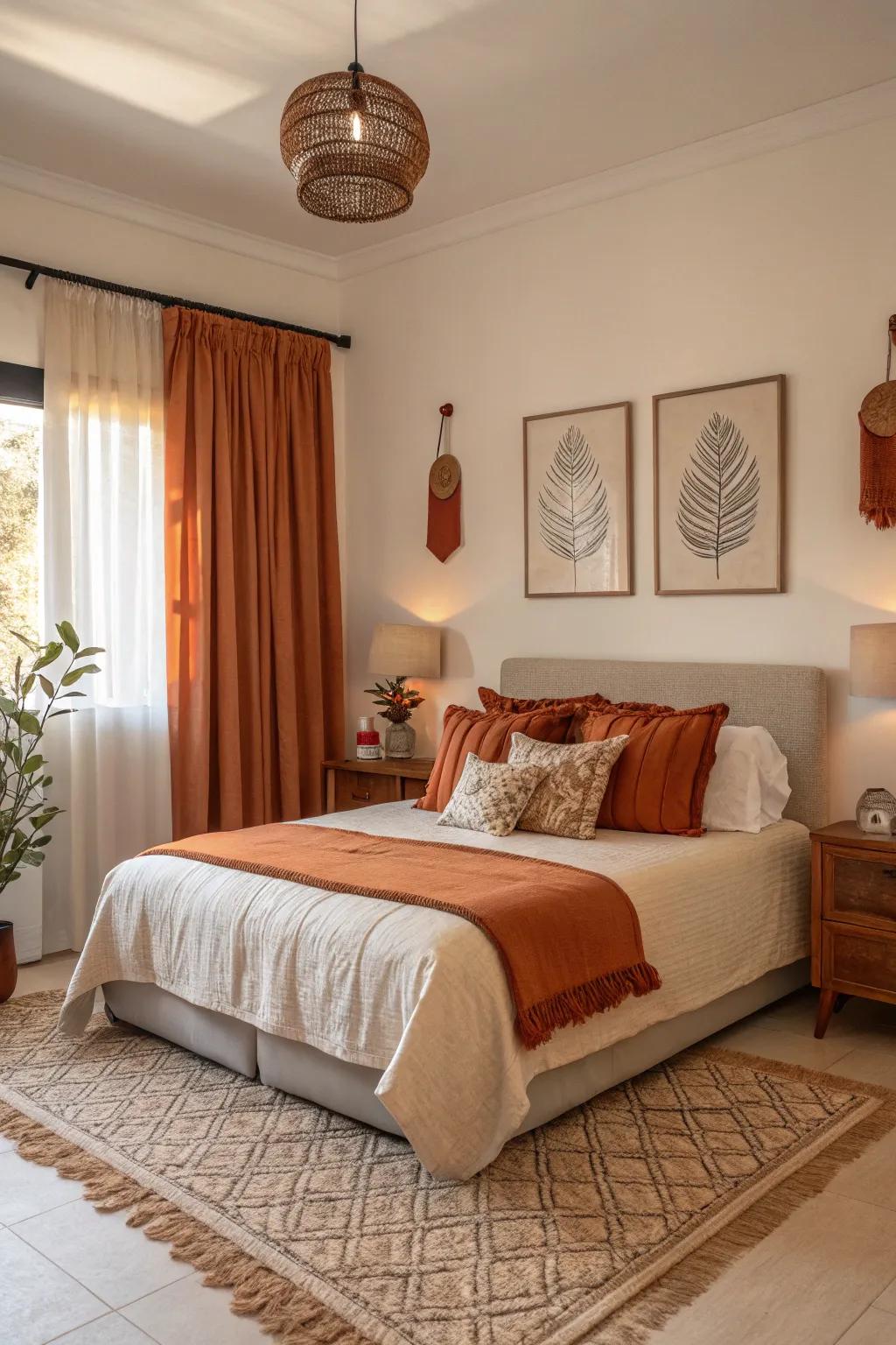 Subtle touches of burnt orange offer a refined accent, unifying the room's aesthetic.