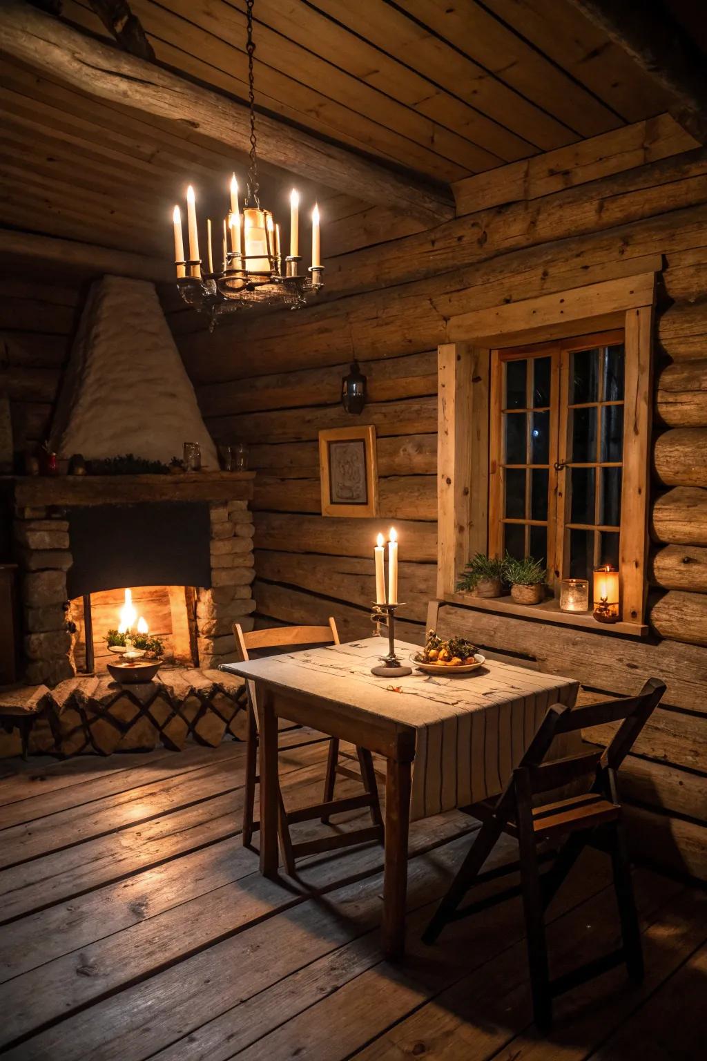 Candlelight creating a soft glow in a cabin interior.