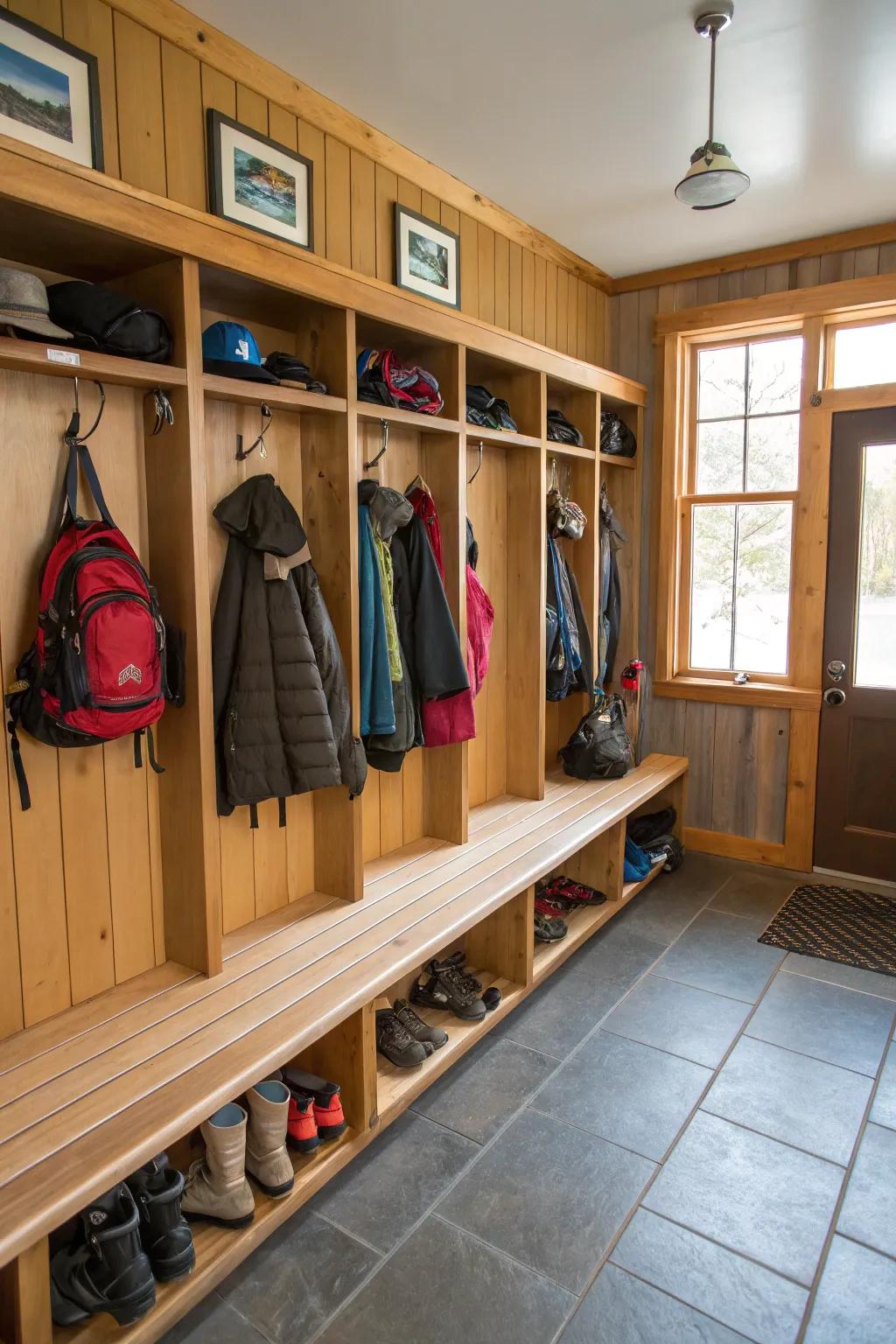 A practical transition space keeps the cabin tidy and organized.