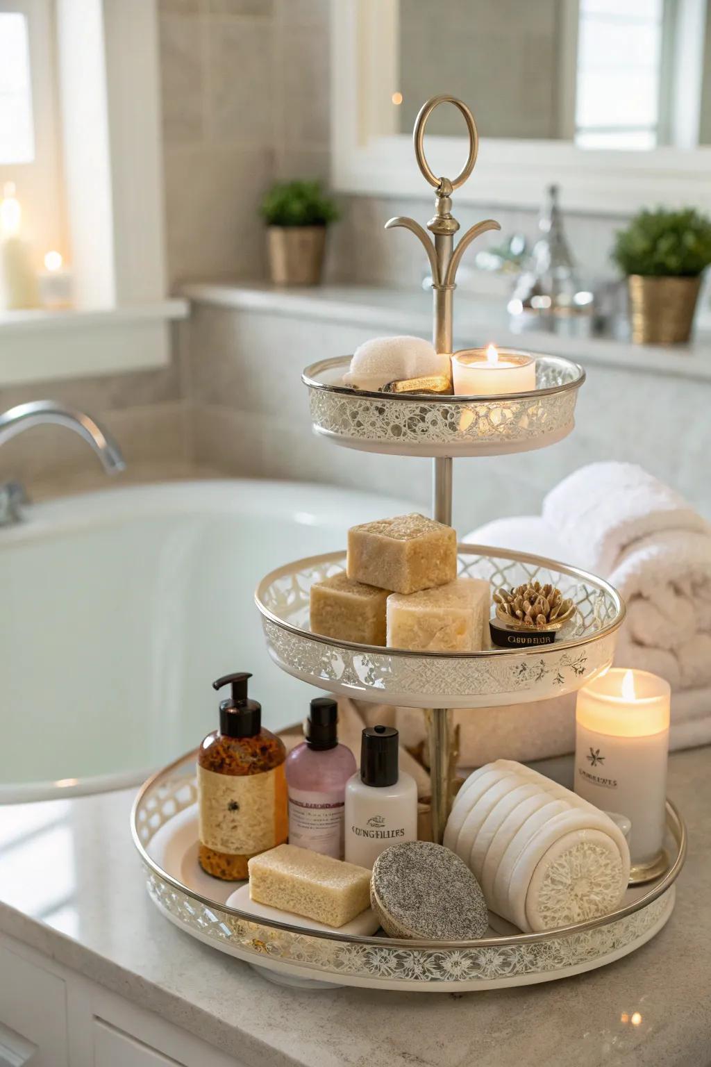 A cake stand in the bathroom adds elegance and organization.