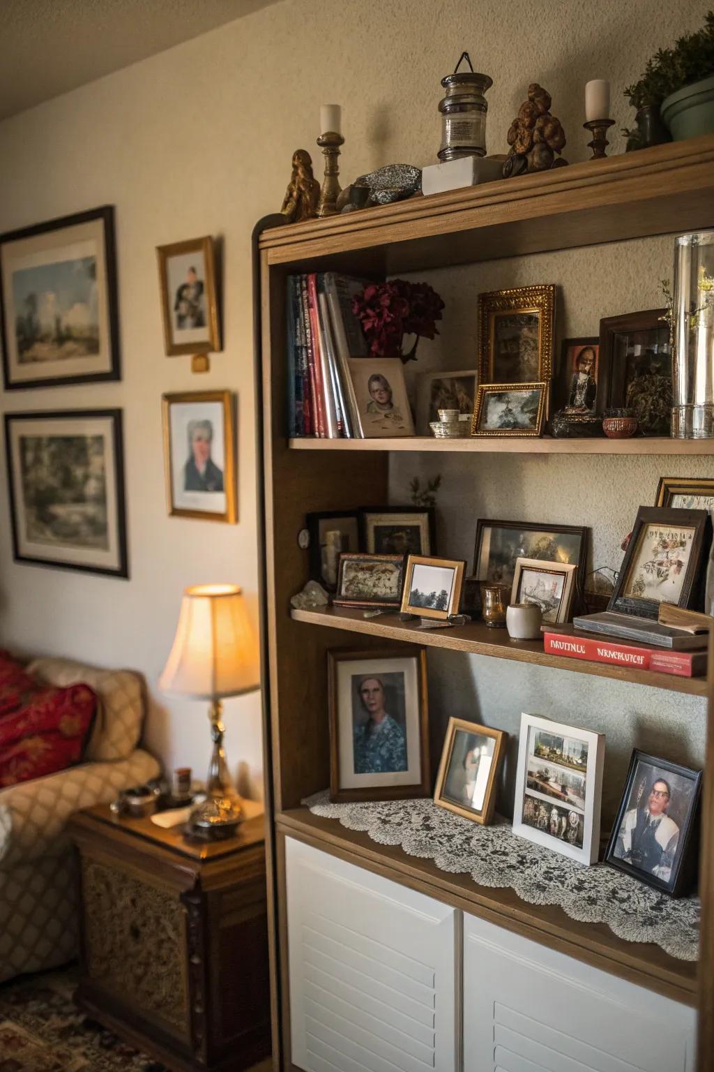 A shelf adorned with personal and significant objects.