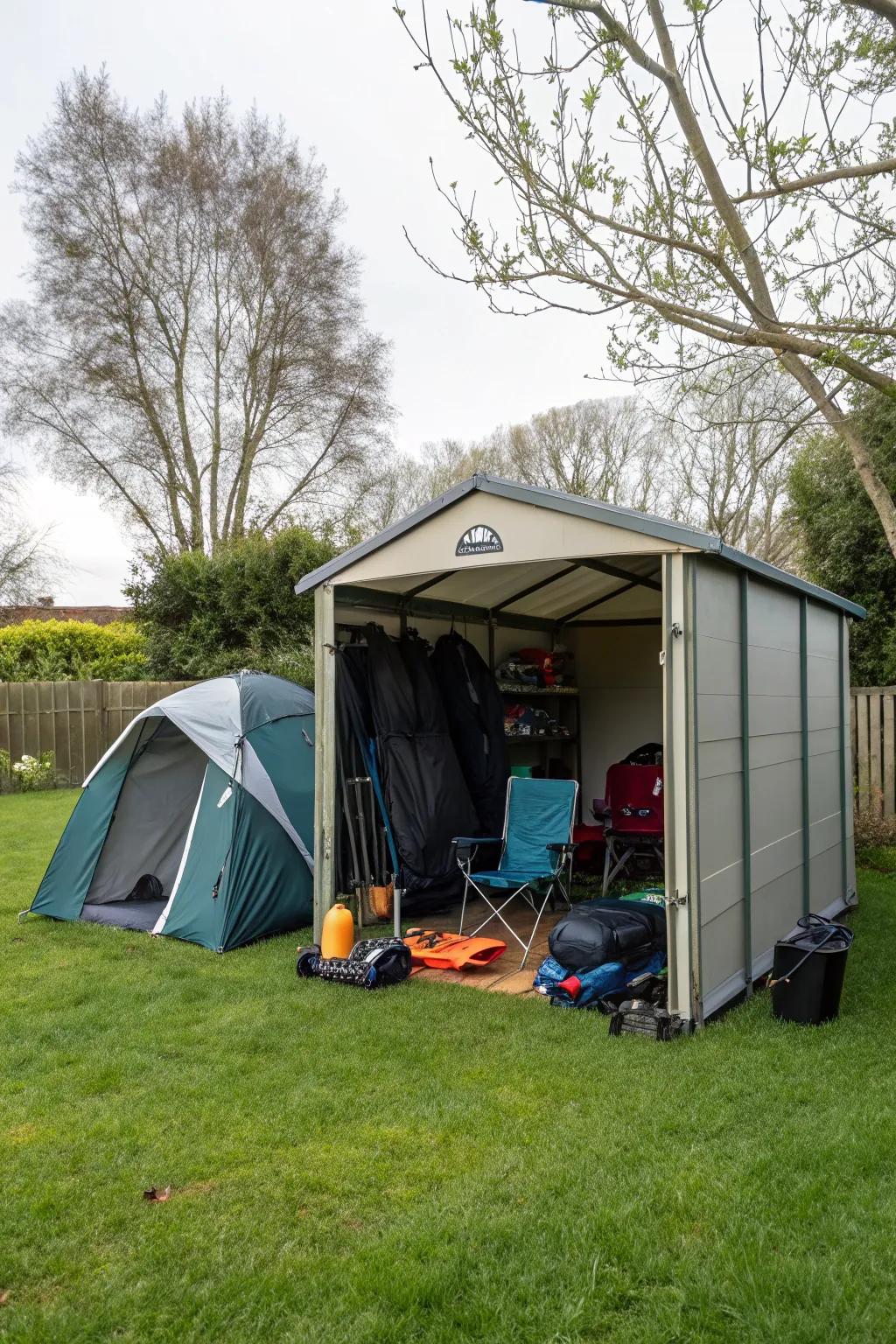 A weather-resistant shed delivers a secure outdoor organizing option for camping equipment.