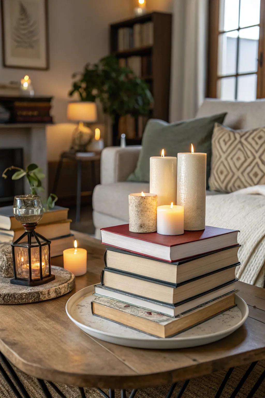 Books and candles create a stylish and intellectual centerpiece.