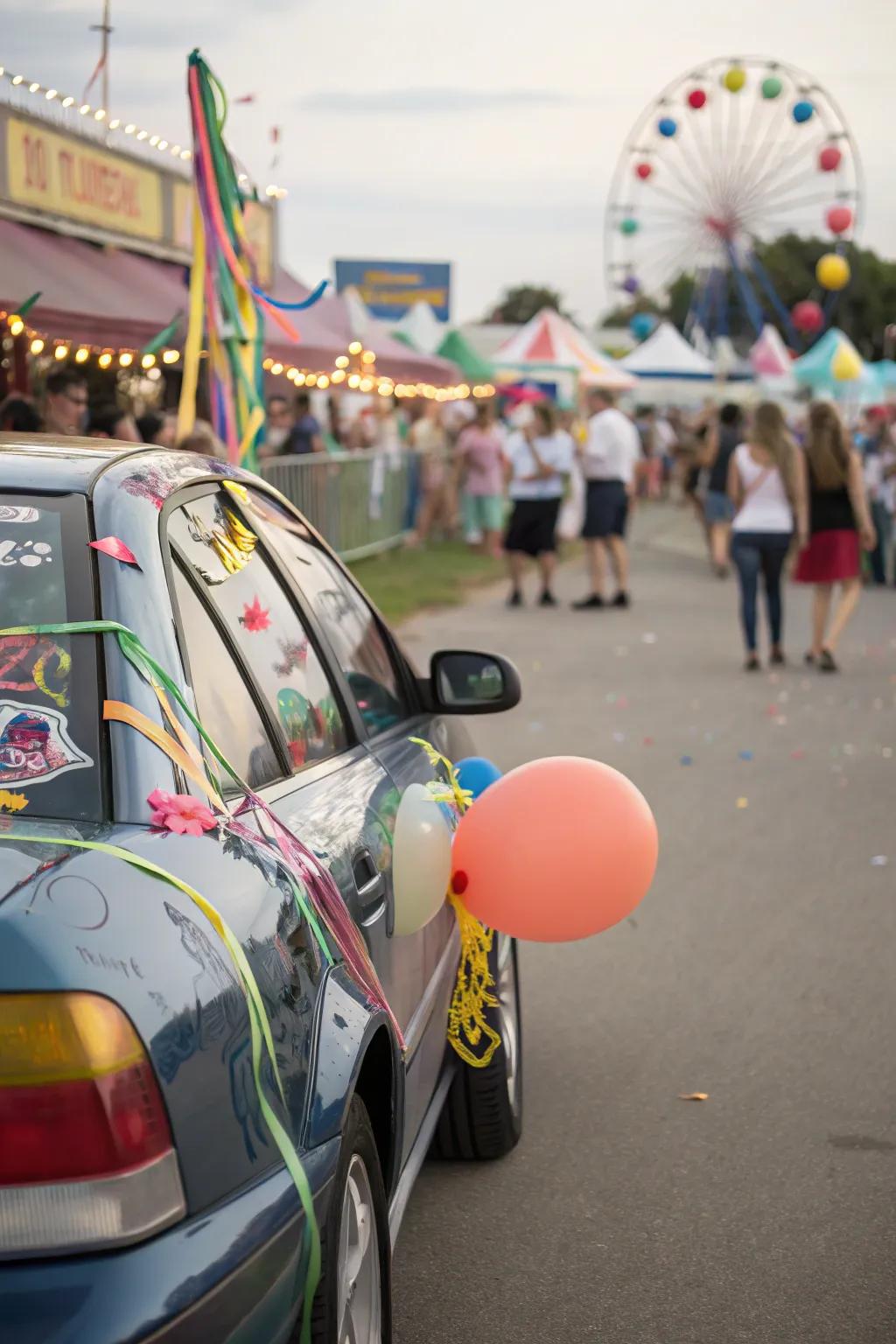 A car decked out in vibrant colors, perfect for festival celebrations.