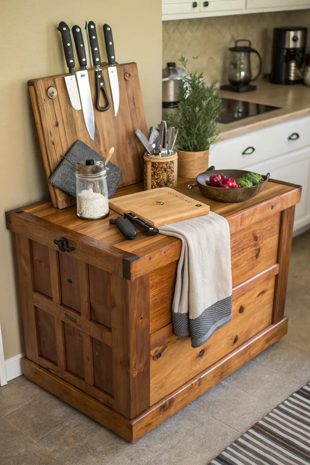 A cedar chest creatively changes into a handy kitchen central island.