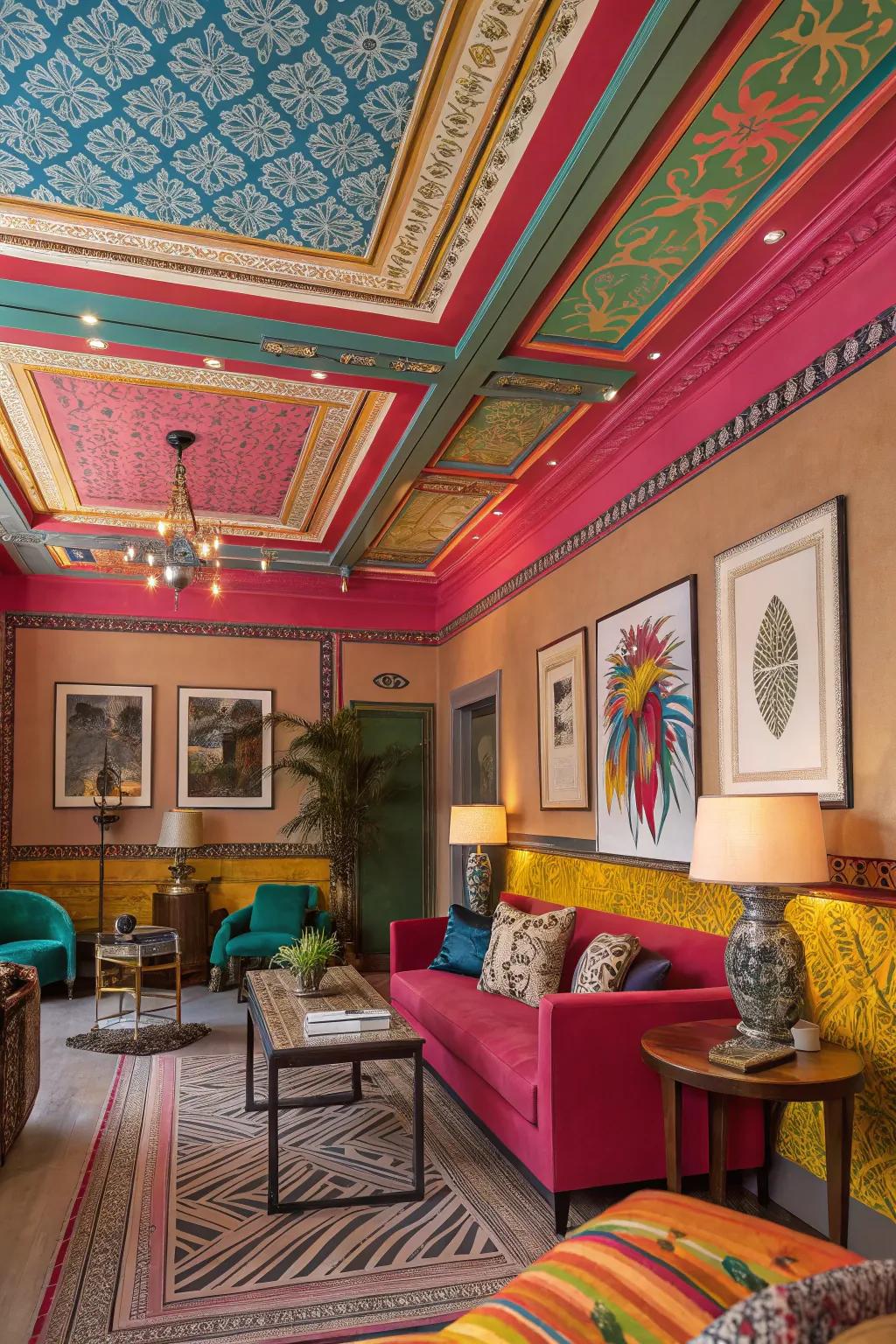 Painted ceiling panels add a vibrant pop of color.