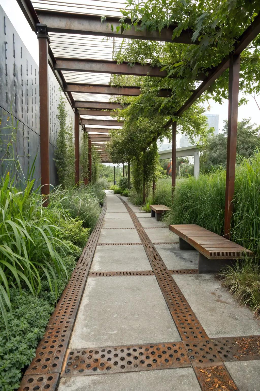Industrial stylish concrete walkway, featuring metal insets for a modern edge.
