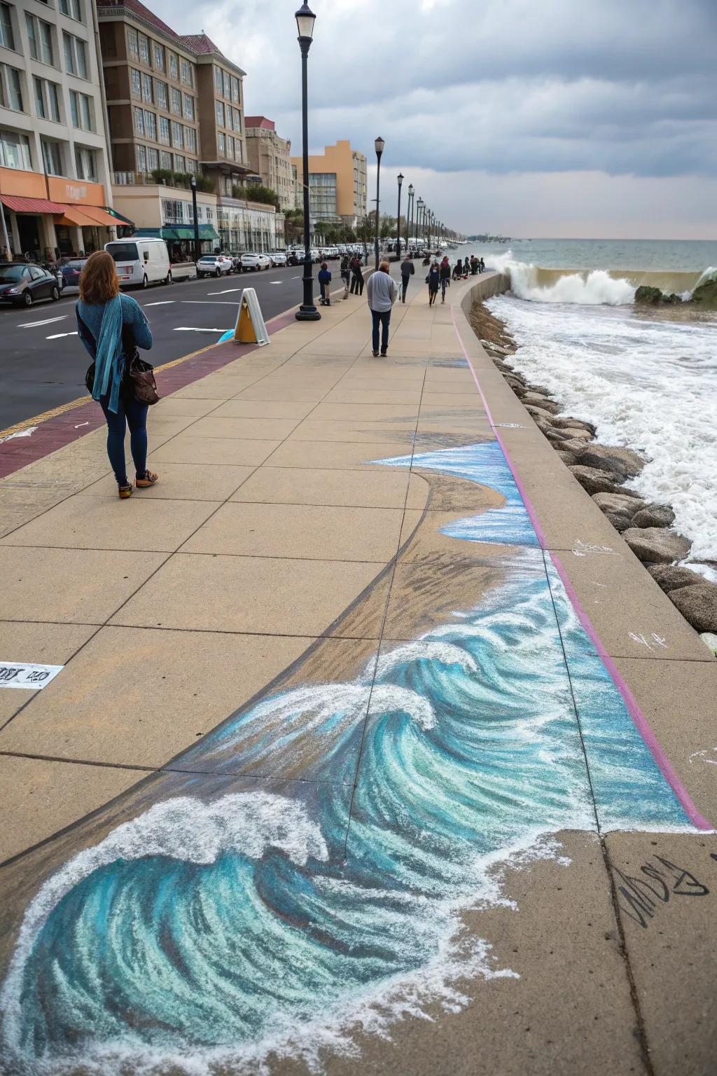 A calming beach scene with rolling waves designed in chalk.