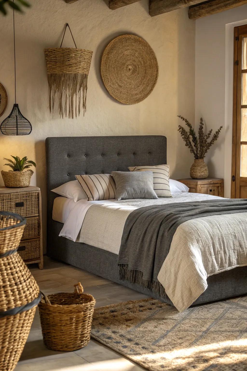 Natural compositions harmonize beautifully with a charcoal grey headboard.