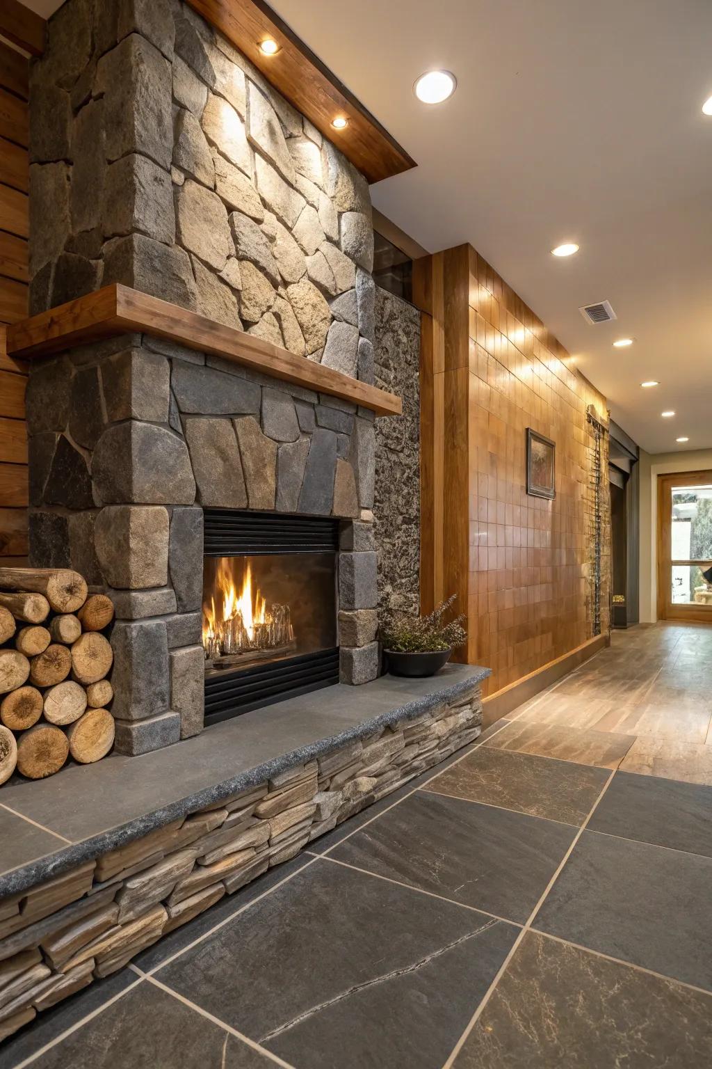Tiered textures encircling the fireplace fashion opulent visual fascination.