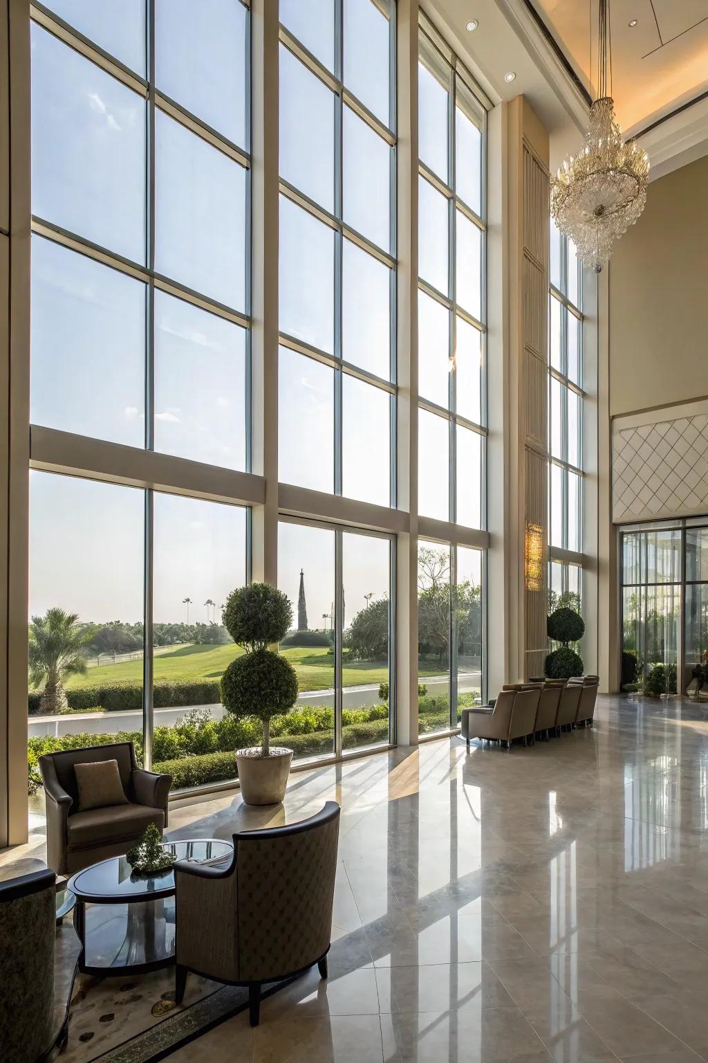 Full-length windows bringing natural luminance into the entrance.