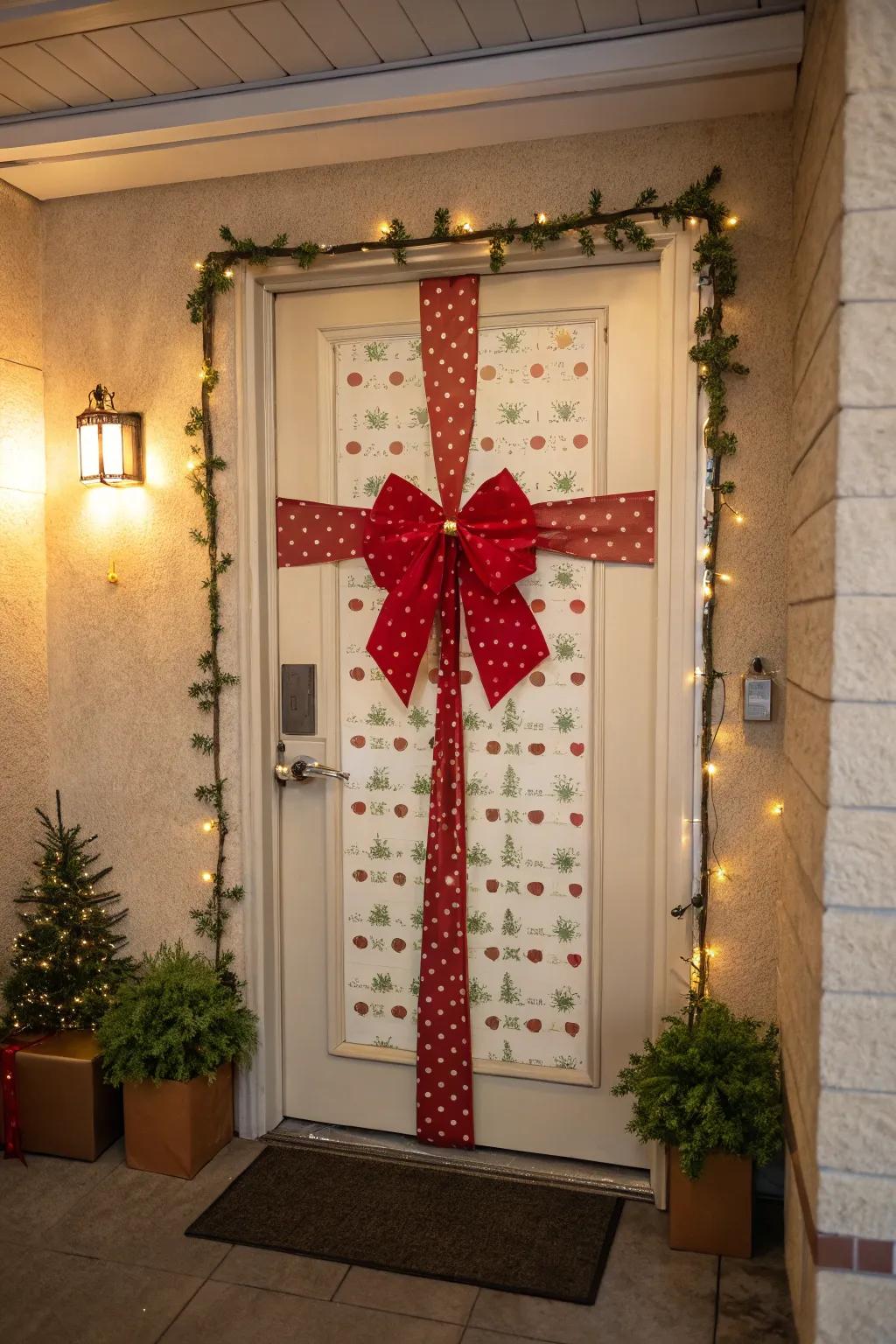 A wrapped gift theme furnishes this doorway with a conventional Christmas appearance.