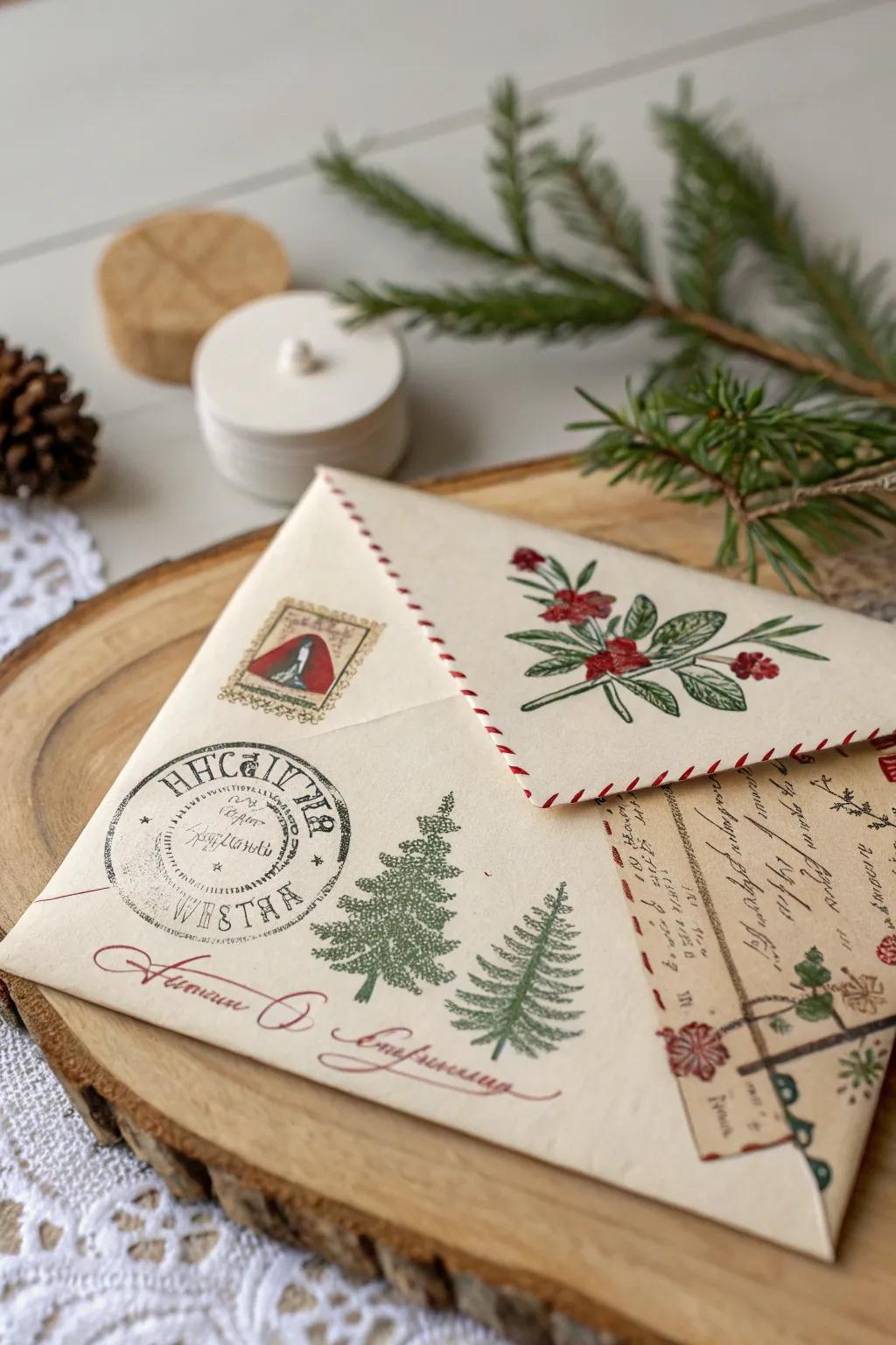 Journey back in time through a festive classic mailing card envelope, where holiday emblems recount a narrative from yesteryears.