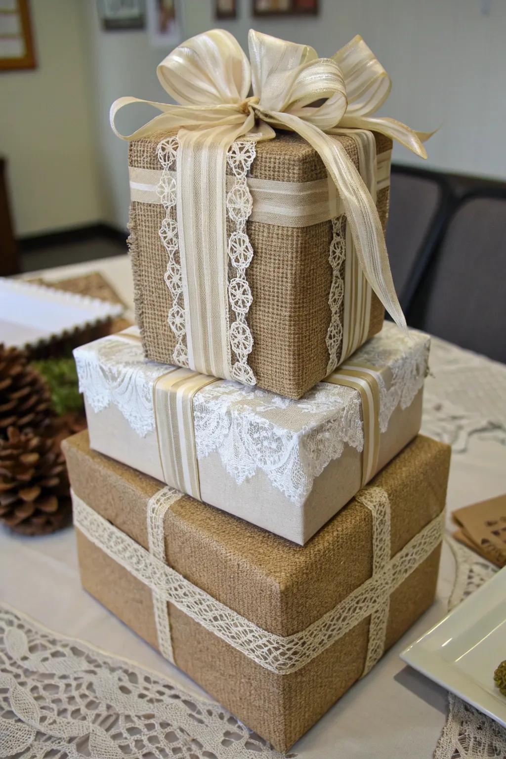 Layered textiles for a complex and tactile gift wrapping experience.