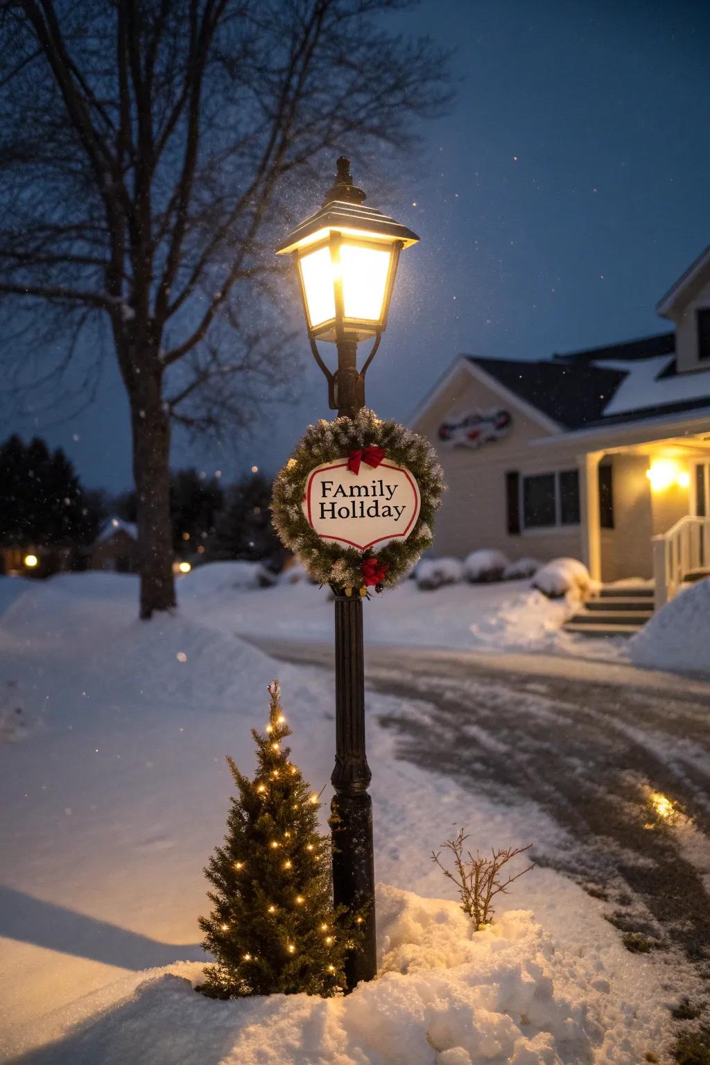 A personalized family emblem disseminates celebratory jubilation from a lamp post.