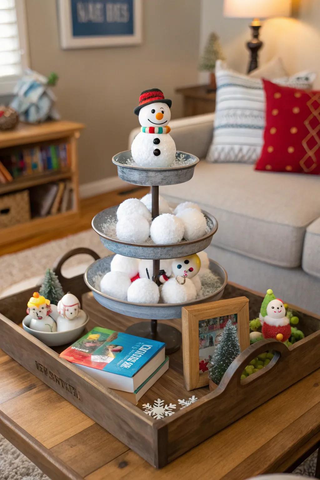 A cheerful frosty buddy gathering on a tiered stand.
