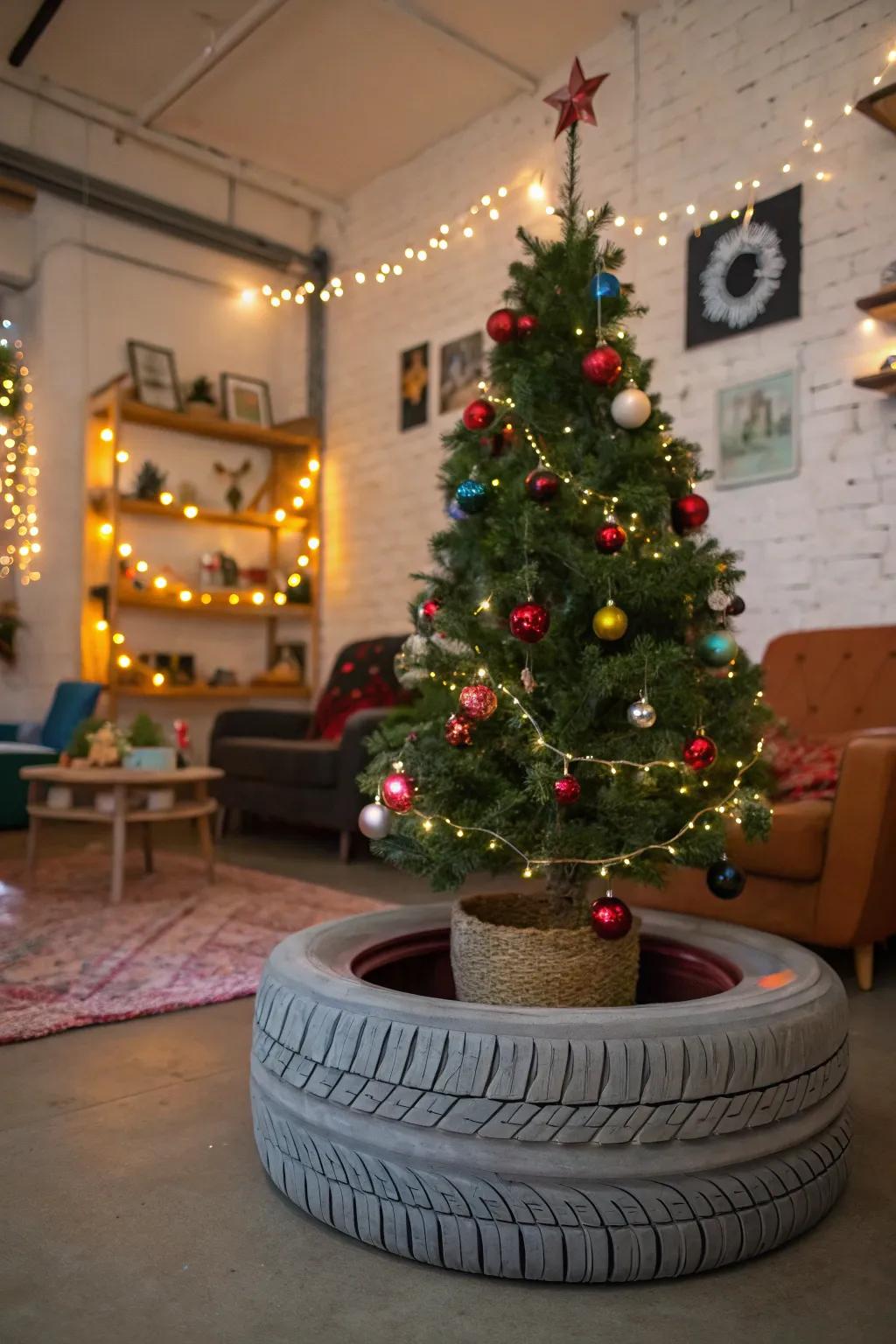 An upcycled radial injects a quirky, industrial accent into your tree.