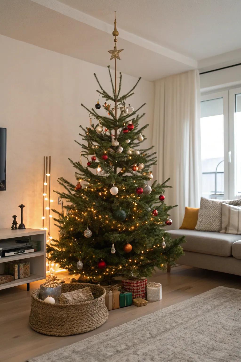 A sophisticated Christmas tree with minimalist ornamentation and colored illuminations, showcasing the splendor of simplicity.