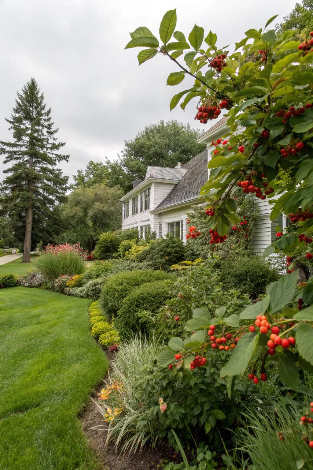 A yard featuring lush verdure and berry accents.
