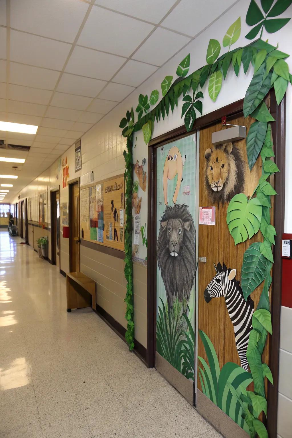 An exploration-themed learning space doorway showcasing creature imprints and foliage.