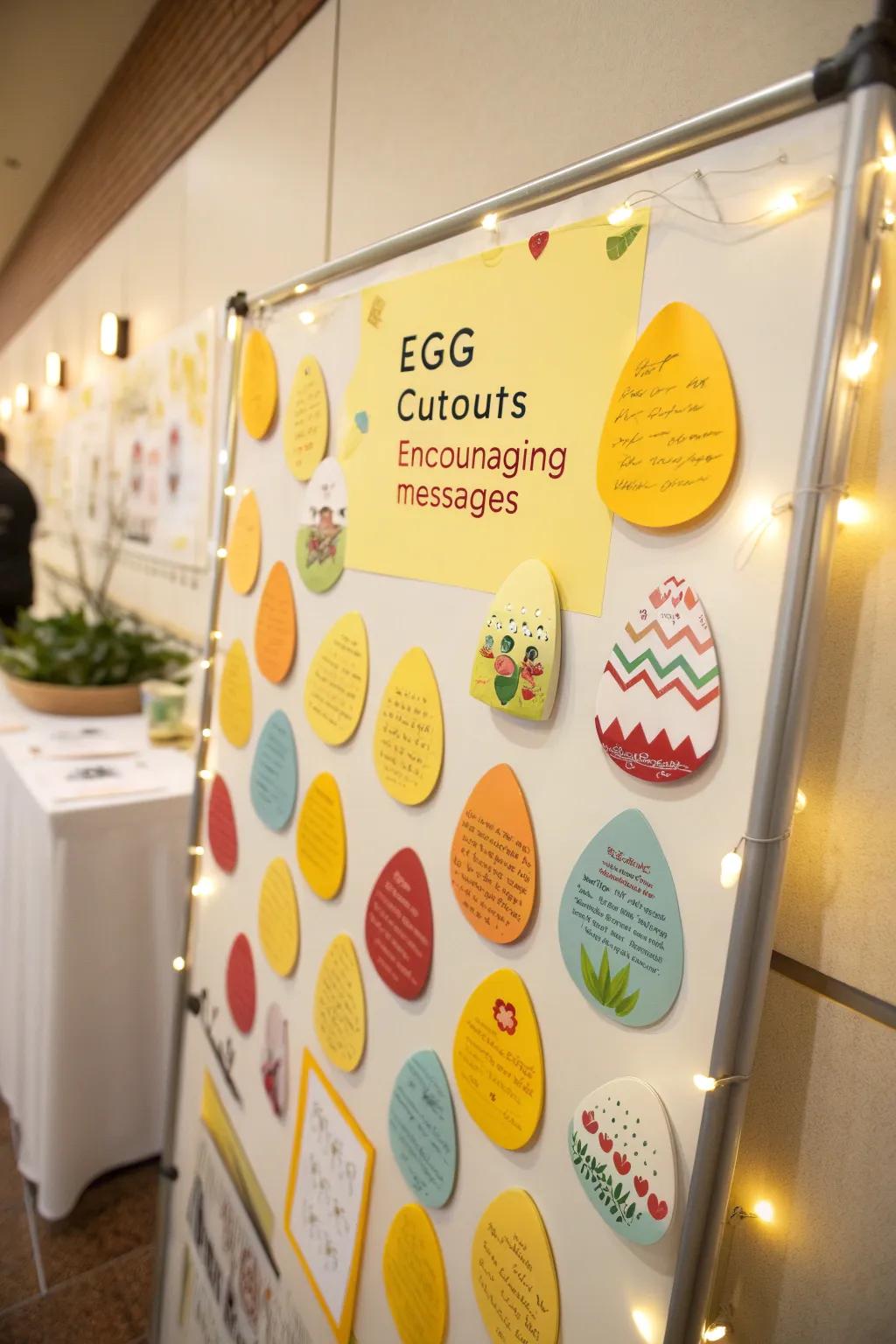 A bulletin board packed with eggs of motivational content.